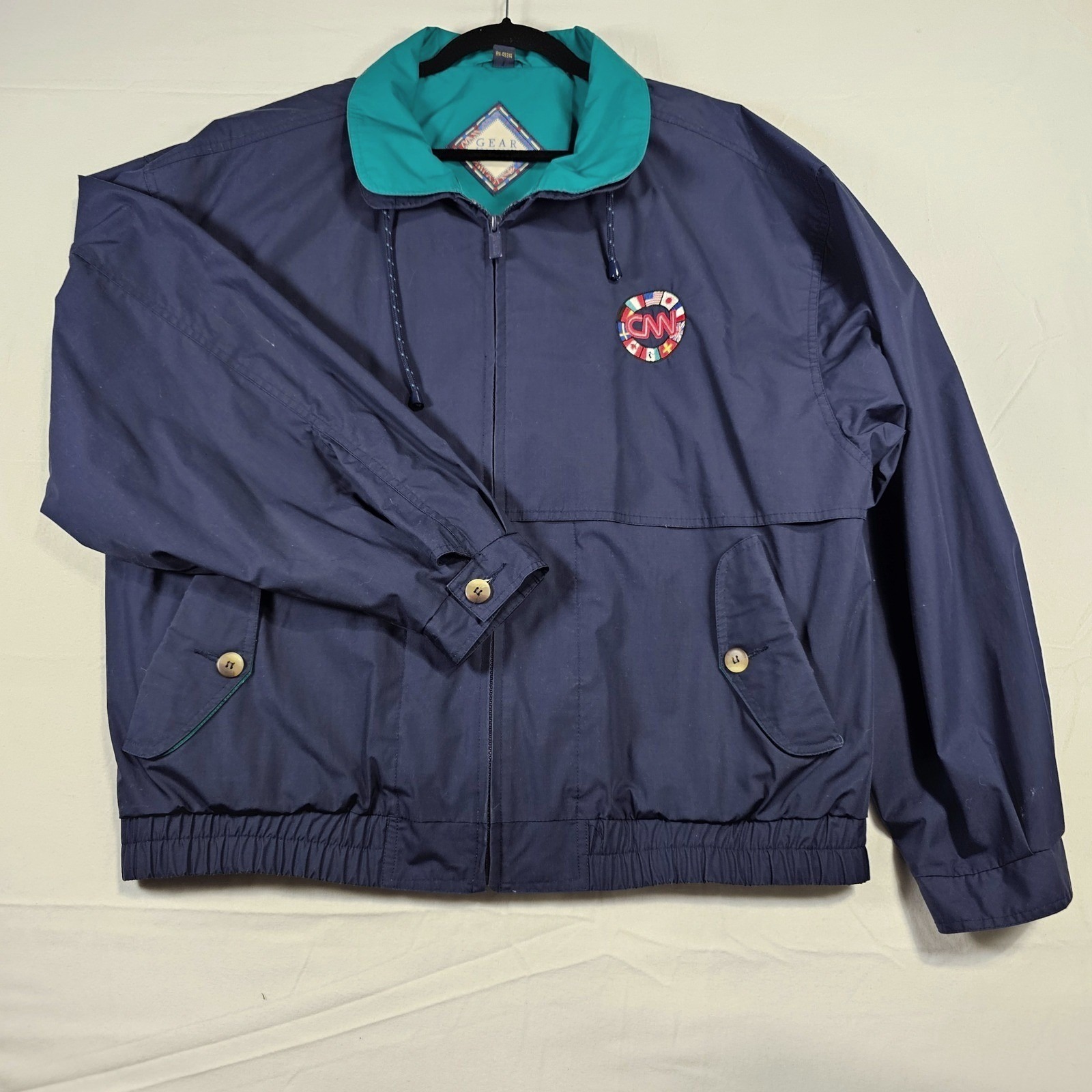 Vintage Gear For Sports Cnn Logo Bomber Jacket Navy Teal Xl Made In Hong Kong